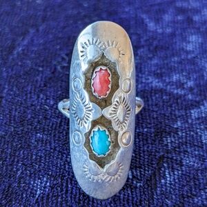 Vintage 925 Sterling Silver Navajo Shadow Box Ring With Turquoise And Coral